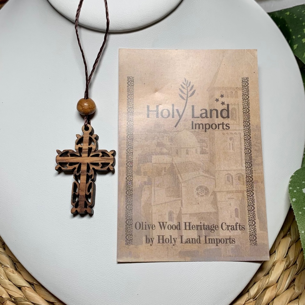 Hand carved Olive Wood cross pendant necklace - Picture 7 of 9